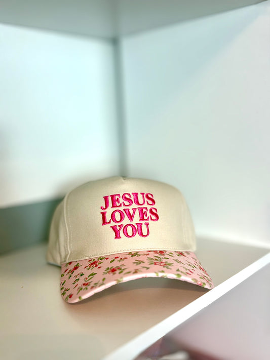 "Jesus Loves You" Pink Floral Cotton Hat