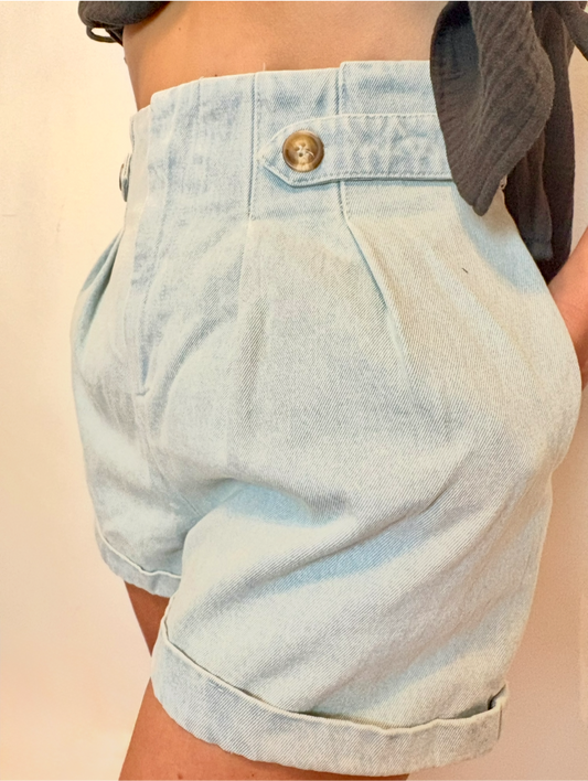 Pleated Denim Shorts