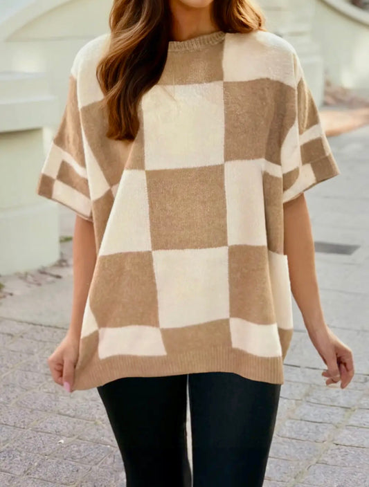 Checkered Pattern Short Sleeve Sweater