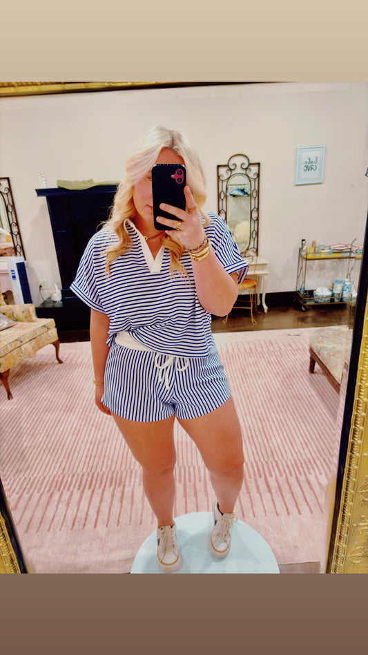 Striped Collared Top & Shorts Set