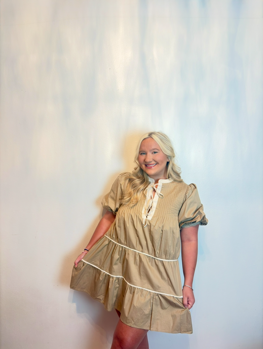 Bow Tie Khaki Mini-Dress
