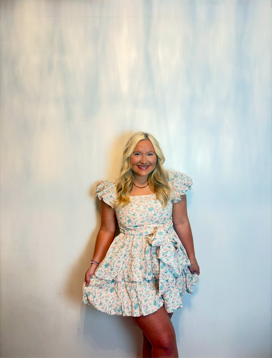 Floral Short Puff Sleeves With Large Bow