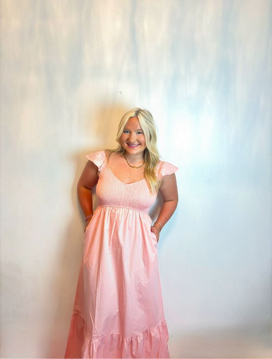 Pink Flutter Sleeve Smocked Ruffle Maxi Dress