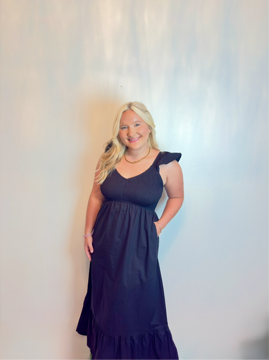 Black Flutter Sleeve Smocked Ruffle Maxi Dress