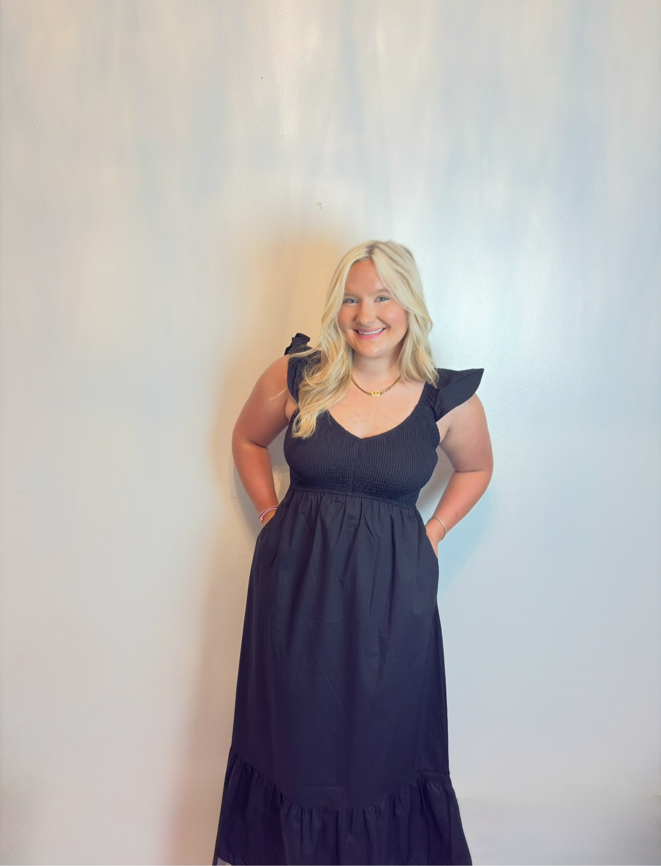 Black Flutter Sleeve Smocked Ruffle Maxi Dress