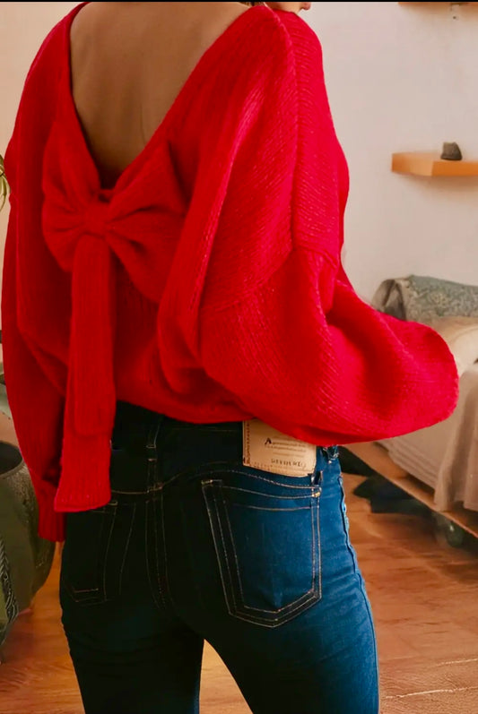 Bow Backless Bubble Sleeve Festive Sweater