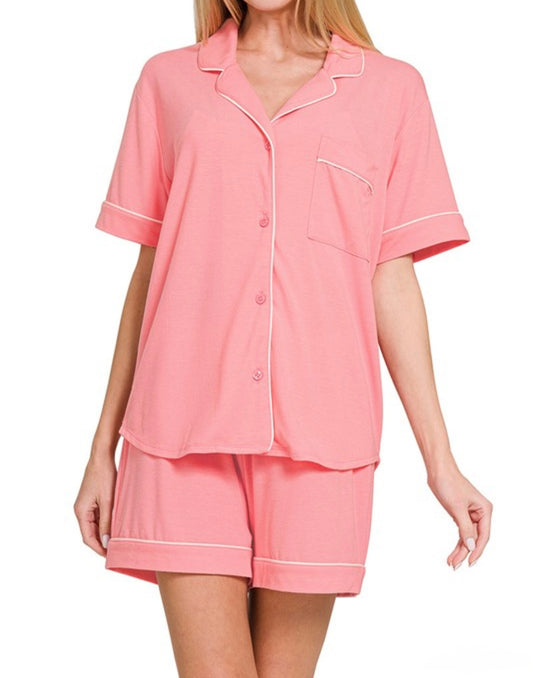 Short Sleeve Button Down Shirts & Shorts 2 Pcs Pajama Set